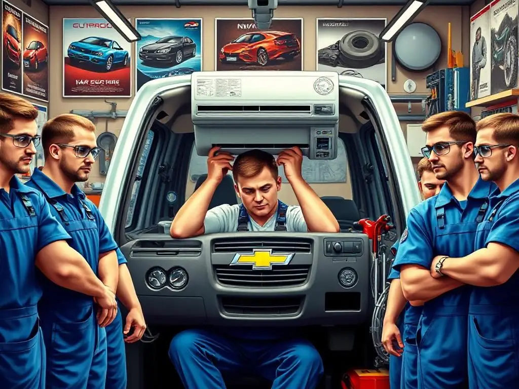 Установка кондиционера в Chevrolet Niva с механиком и инструментами